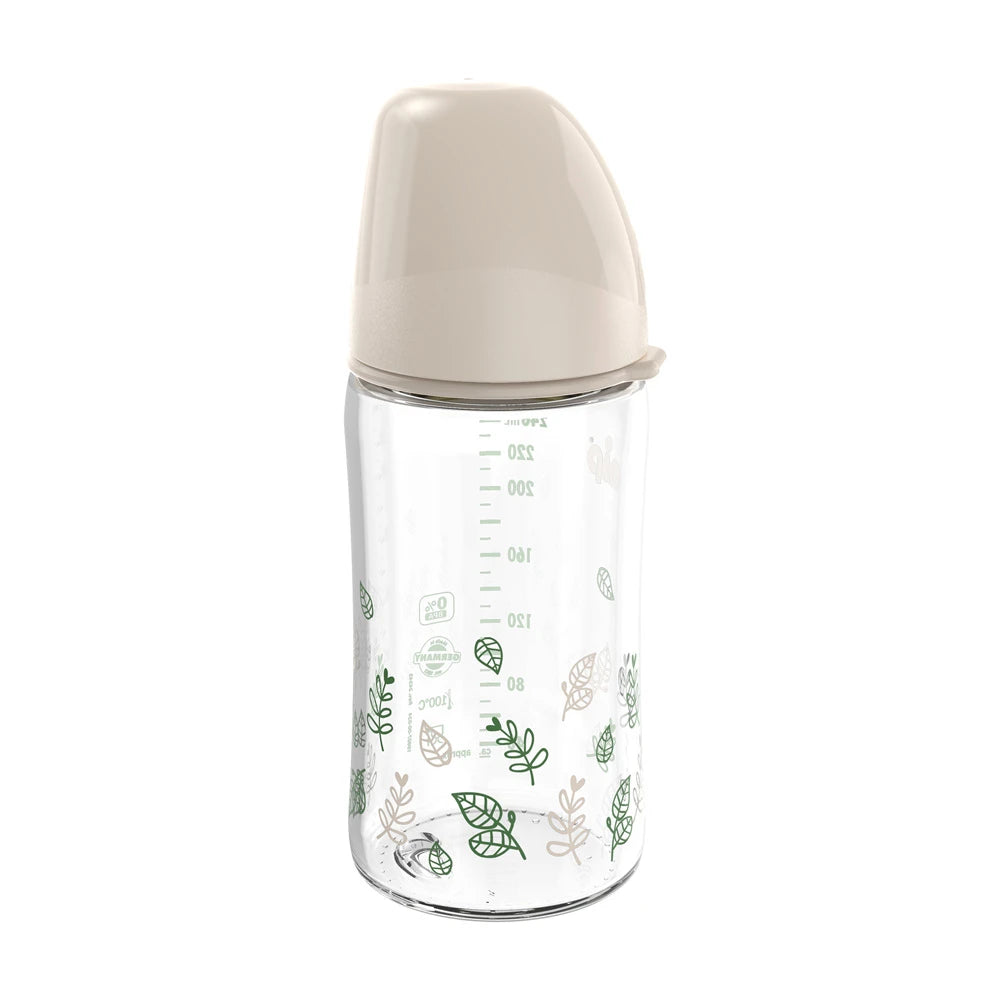 NIP Cherry Green Biberon cu gat larg, bej, sticla, tetina rotunda, latex, anti-colic, universal, 0+,