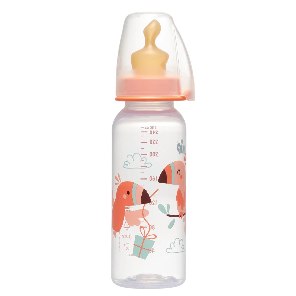NIP Family Biberon din plastic, flux S, oranj, tetina anatomică, latex, anti-colici, marime 1 (0-6lu