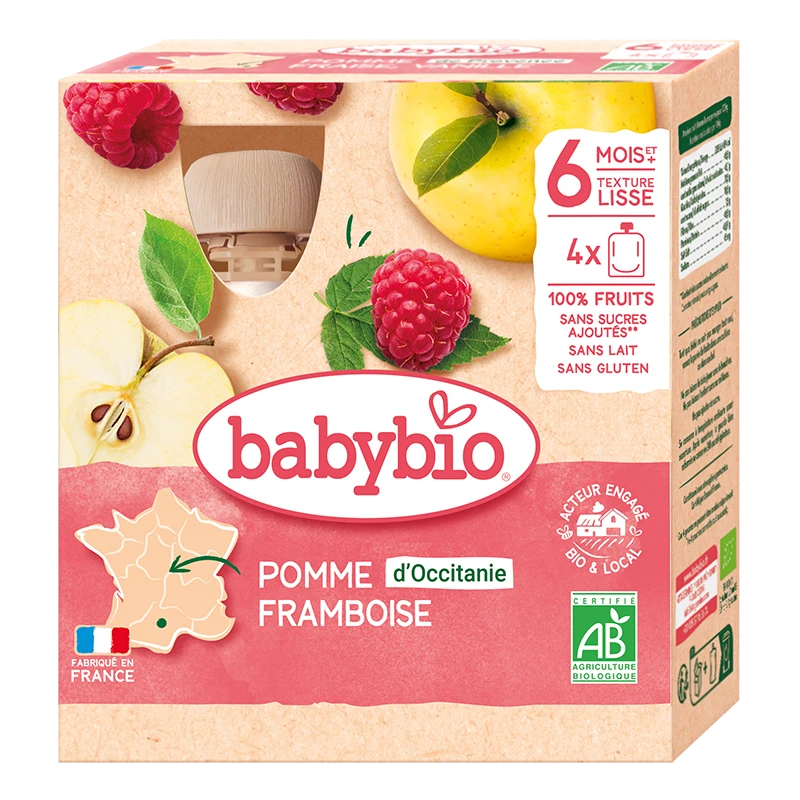 Babybio Pouch din mere si zmeură (6+) 4x90g