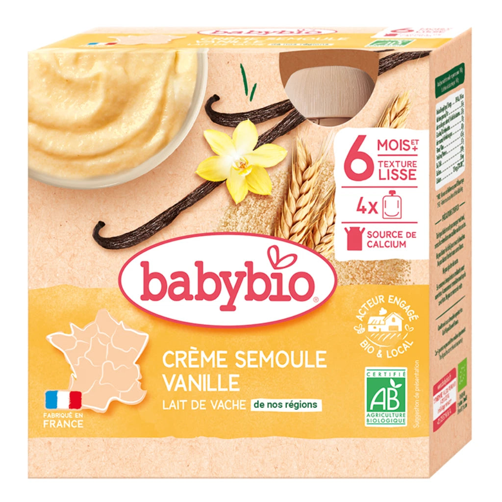 Babybio Pouch de iaurt cu lapte de vacă cu gris și vanilie (6+) 4x85g