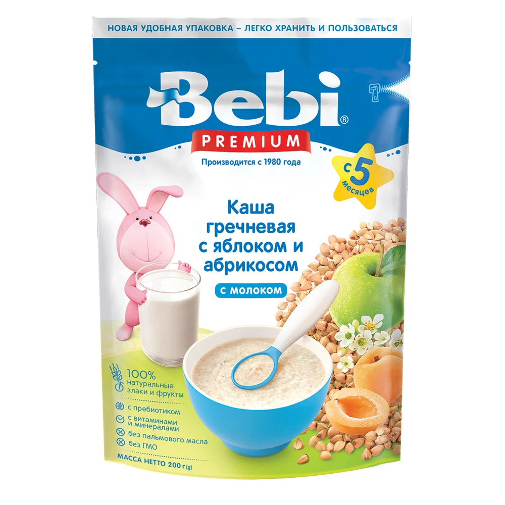 Bebi Prem Каша молочная гречневая, курага, яблоко 200g