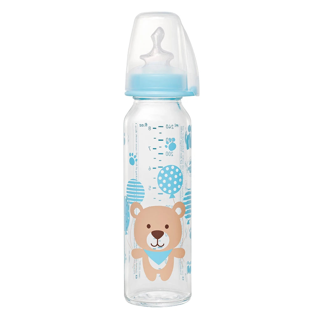 NIP Biberon din sticla, albastru, tetina anatomică, anti-colici, silicon, flux M, mărimea 1 (0-6luni