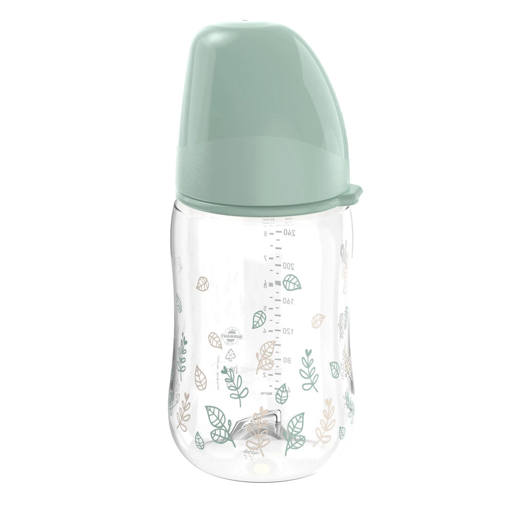 NIP Cherry Green Biberon cu gat larg, verde, plastic, tetina rotunda, anti-colic, latex, universal 0