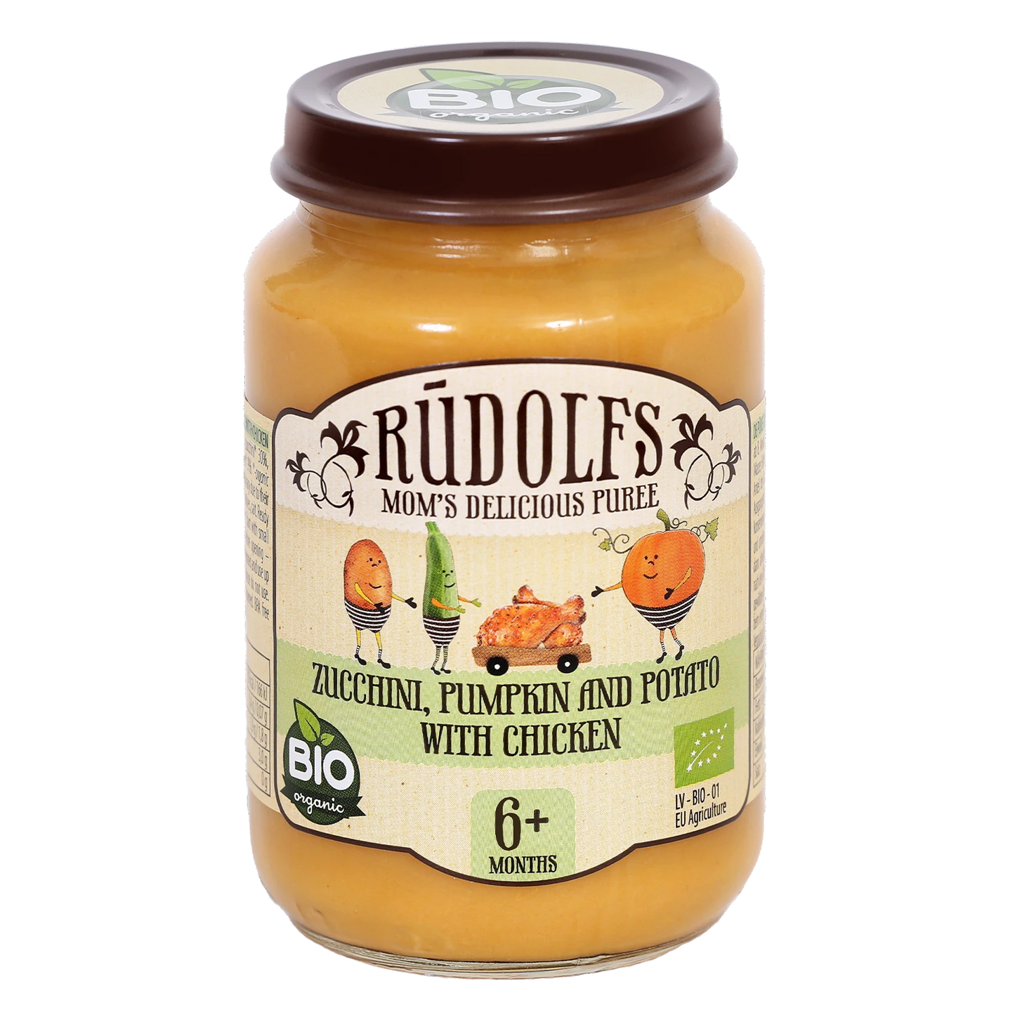 Rudolfs Organic Piure Zucchini, dovleac și cartof cu carne de pui 190g (6+)