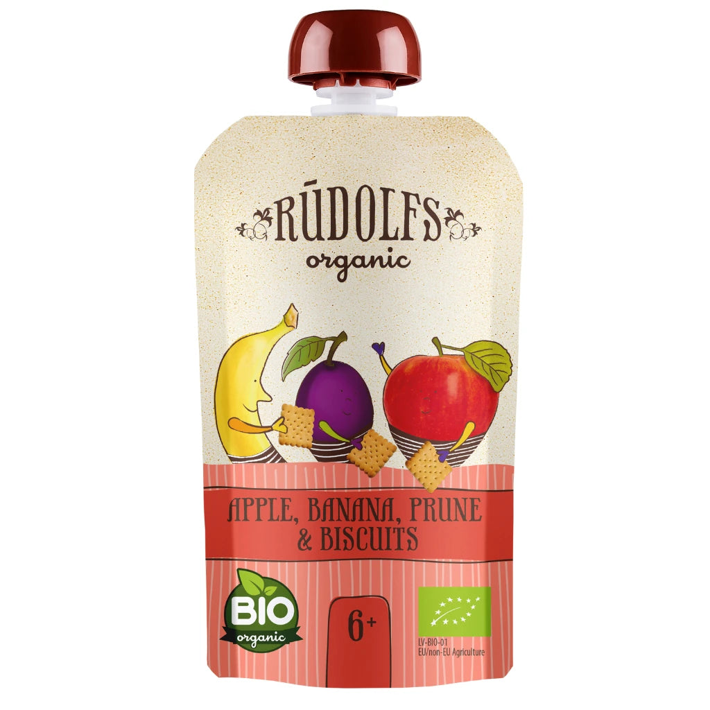 Rudolfs Organic Pouch Mere, banane, prune cu biscuiti 110g (6+)