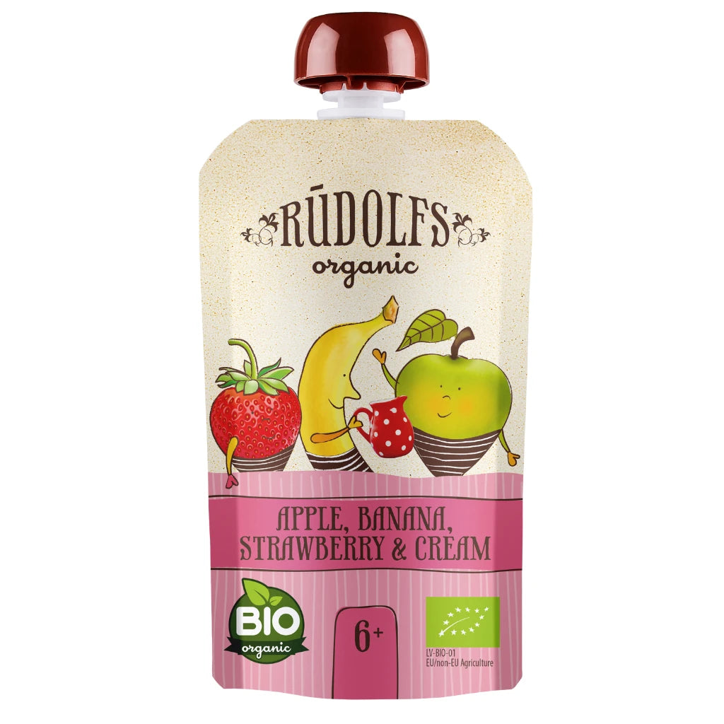 Rudolfs Organic Pouch Mere, banane, capsuni și frisca 110g (6+)