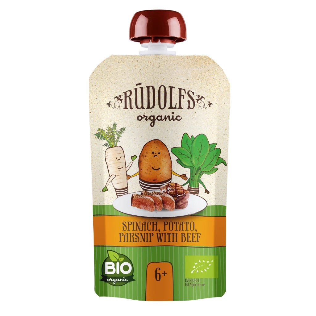 Rudolfs Organic Pouch Spanac, cartof, păstârnac cu carne de vită 110g (6+)