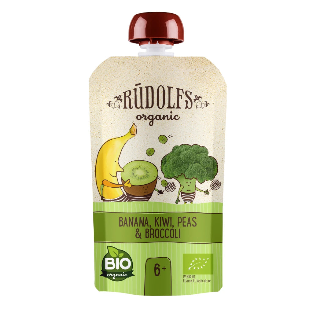 Rudolfs Organic Pouch Banane, kiwi, mazăre și broccoli 110g (6+)