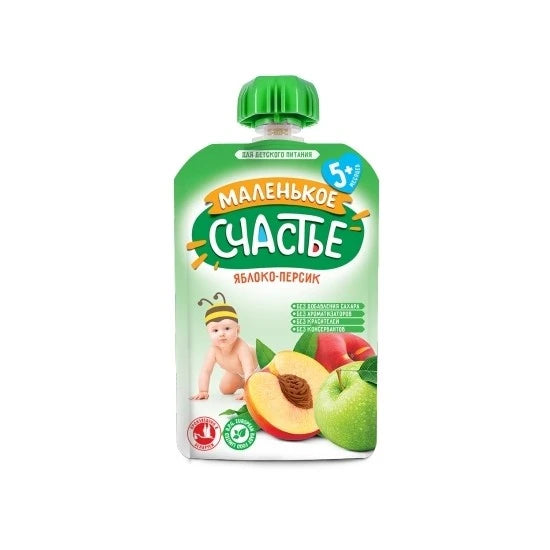 Malenikoe Sciastie Пюре яблоко,персик 90g Pauch