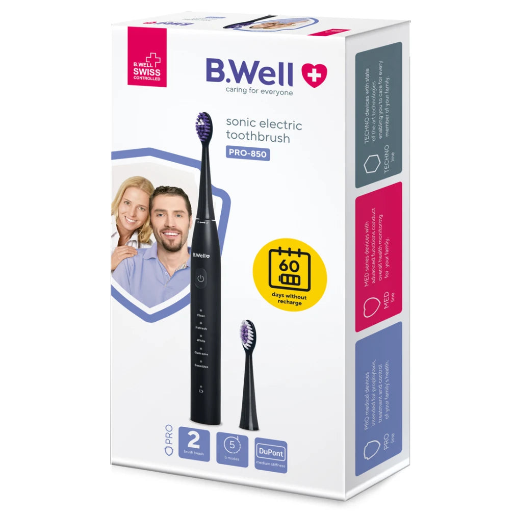 B.Well Sonic Электрическая зубная щетка черная (2 насадки, USB-кабель, чехол) (PRO-850)