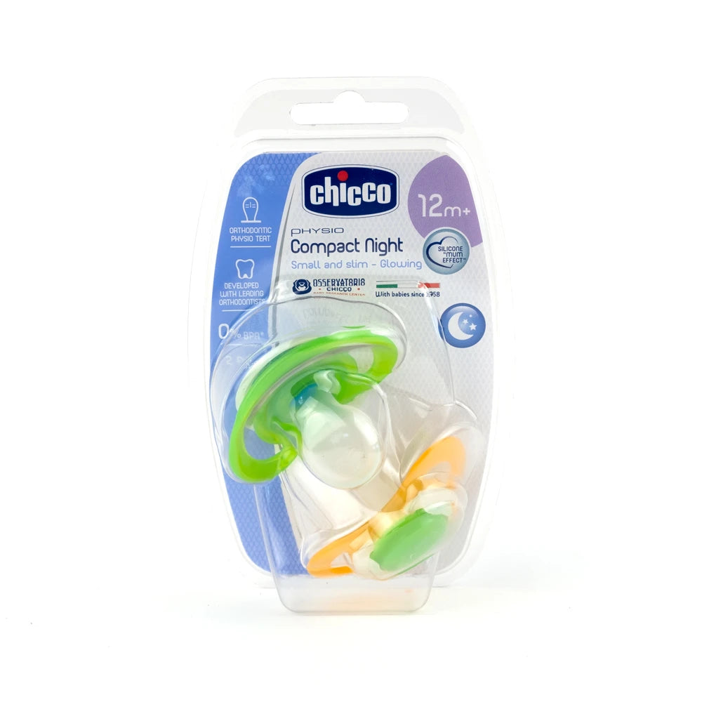 Chicco Пустышка Compact Night ортодонтическая, силикон, унисекс, 12+, 2 шт (7483441)