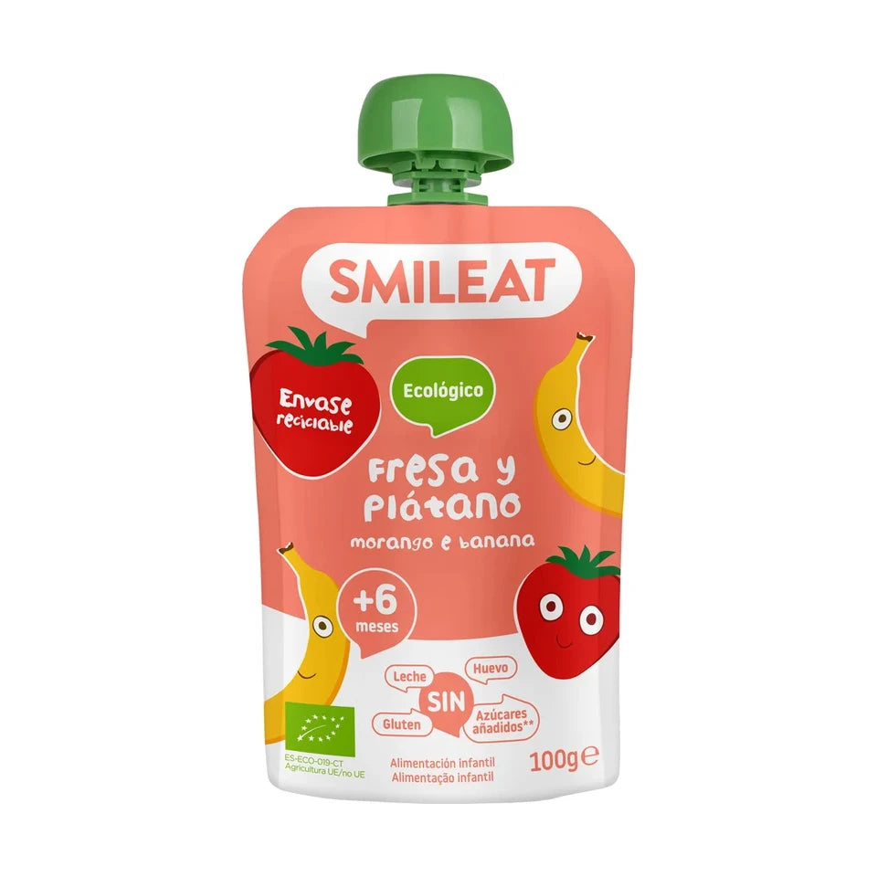 Smileat Piure organic din capsuna și banană, 6luni+, 100g