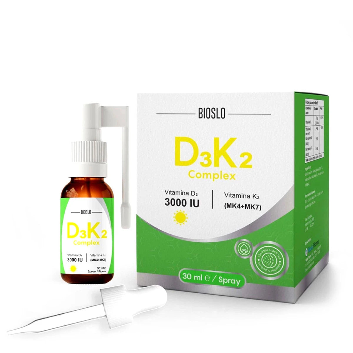 Bioslo Vitamin D3K2 Complex 3000UI 30ml спрей для полости рта/капли для приема внутрь с пипеткой