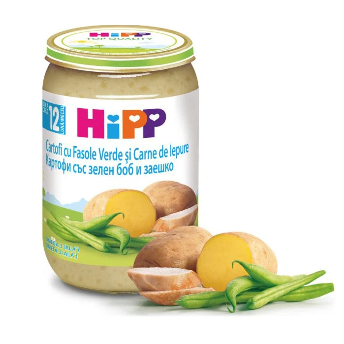Hipp 6853 Pireu cartof cu fasole verde și iepure 220g