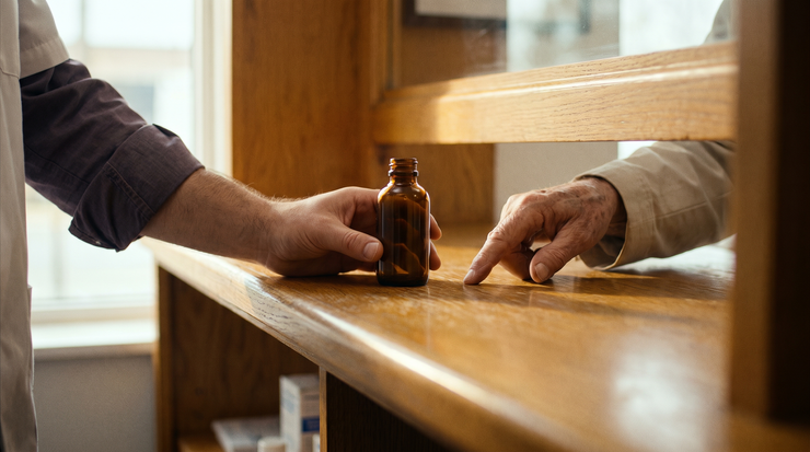 Mâinile unui farmacist așezând un flacon pe tejghea, în fața mâinilor unui client