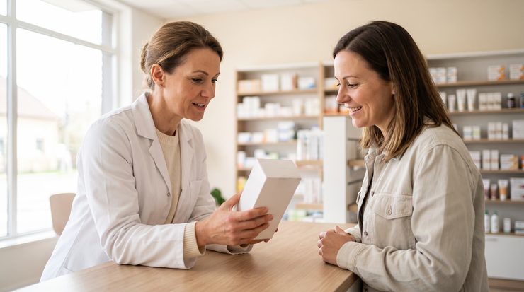 Farmacistă explicând unei cliente ce scrie pe cutia unui supliment, la tejgheaua farmaciei
