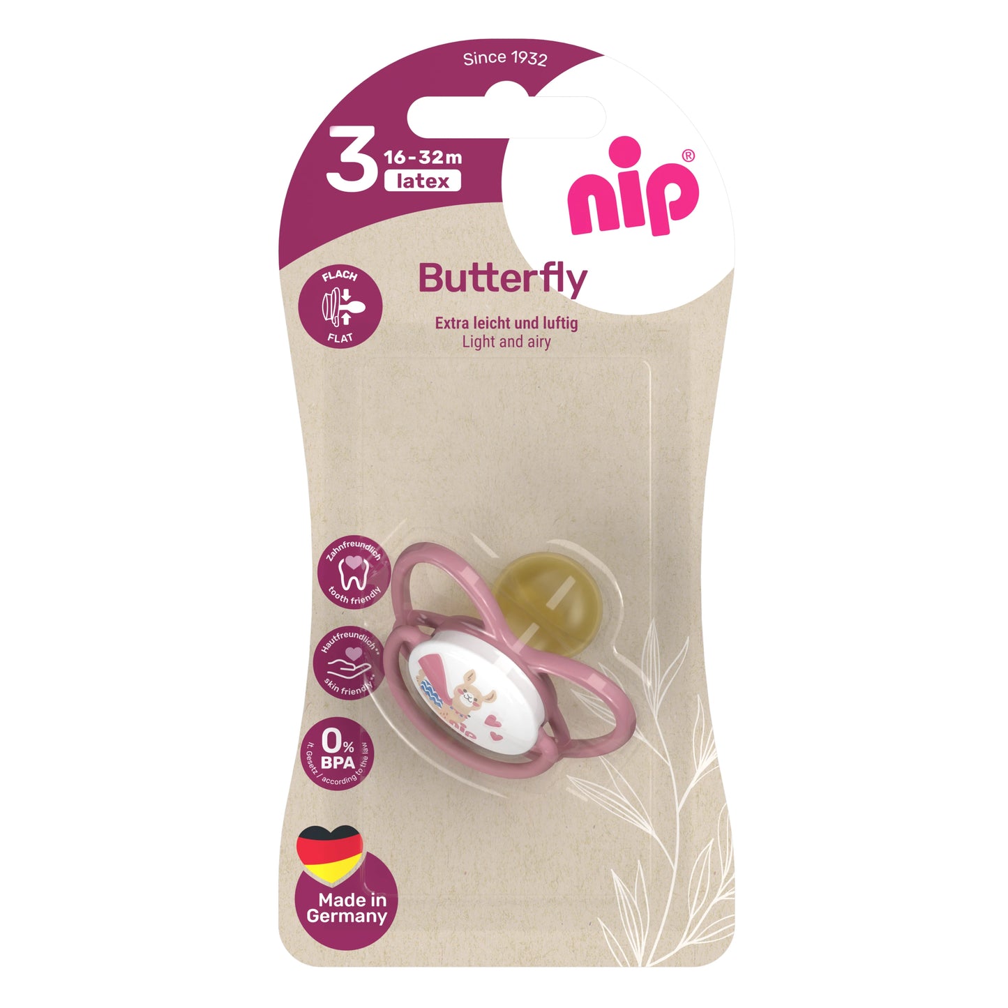 NIP Butterfly Suzetă latex, roz, mărime 3 (16-32luni) N1