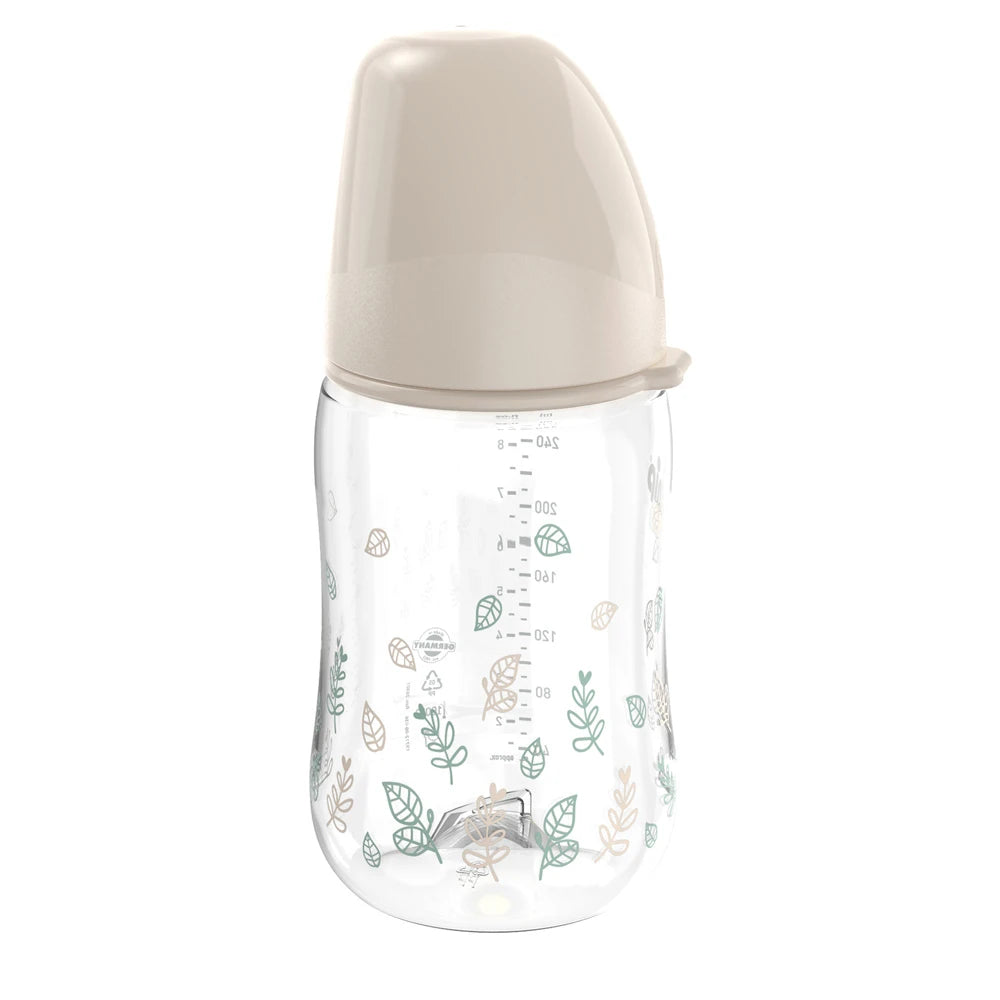 NIP Cherry Green Biberon cu gat larg, bej, plastic, tetina rotunda, anti-colic, latex, universal 0+,