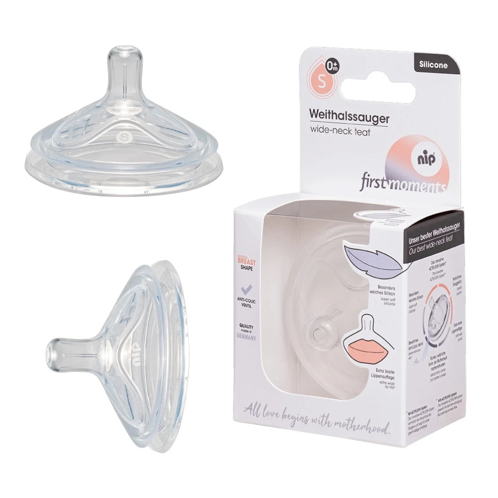 NIP First moments Tetina rotunda cu gât larg, silicon anti-colic, universal 0+, flux S