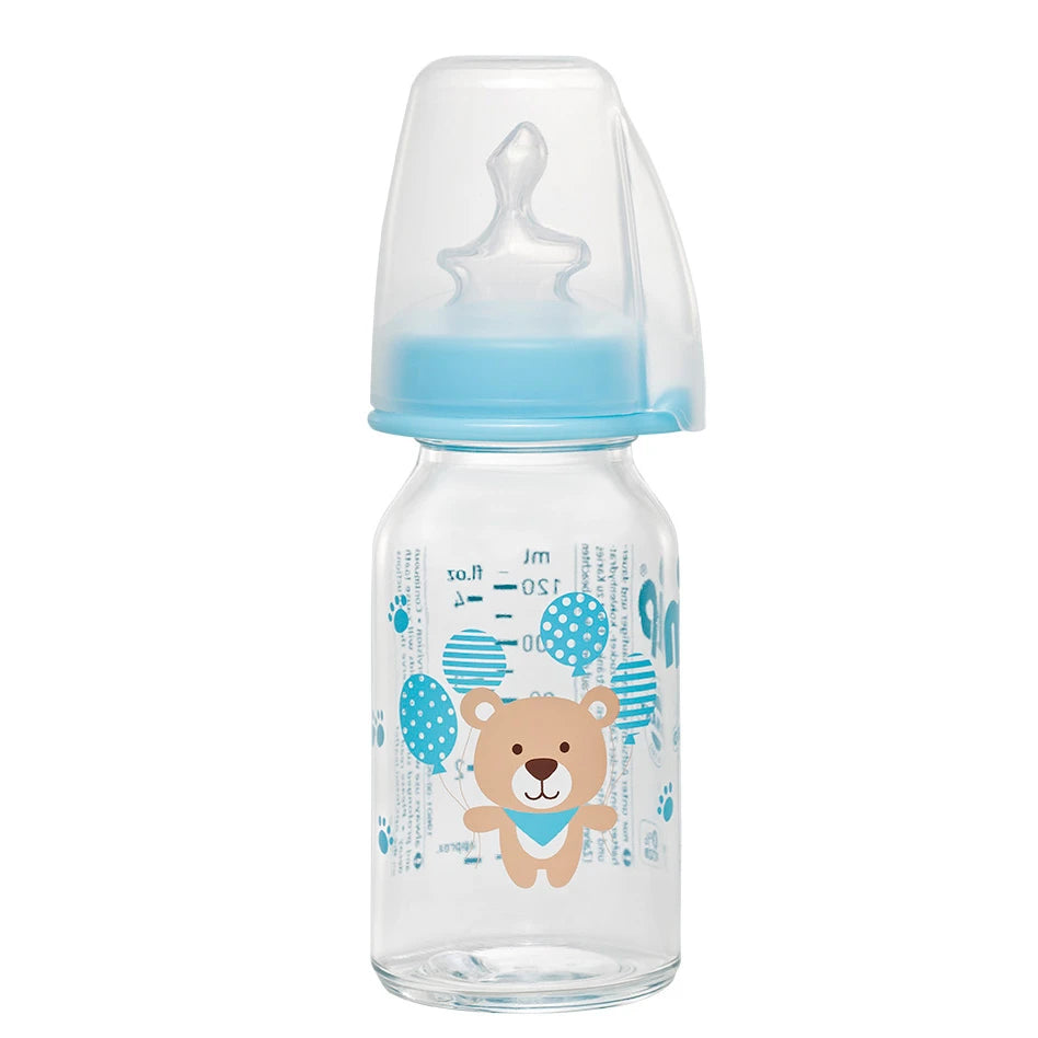 NIP Biberon din sticla, albastru, tetina anatomică, anti-colici, silicon, flux S, mărime 1 (0-6luni)