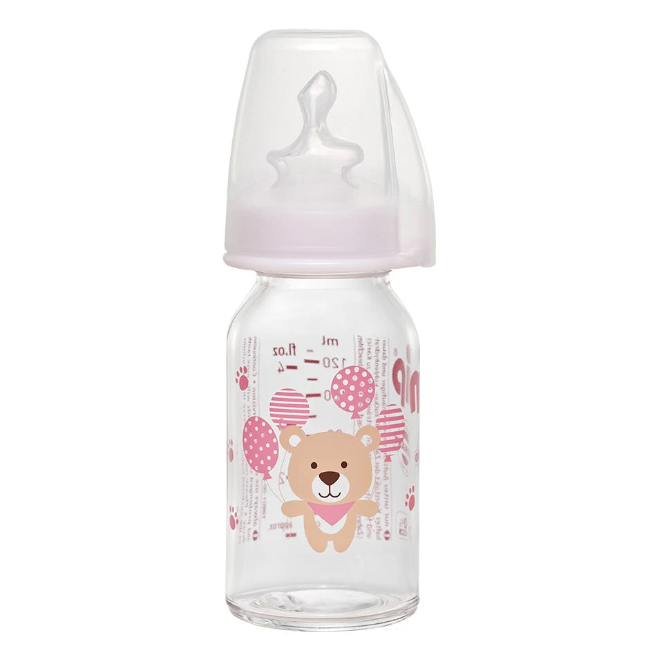 NIP Biberon din sticla, roz, tetina anatomică, anti-colici, silicon, flux S, mărime 1 (0-6luni) 125