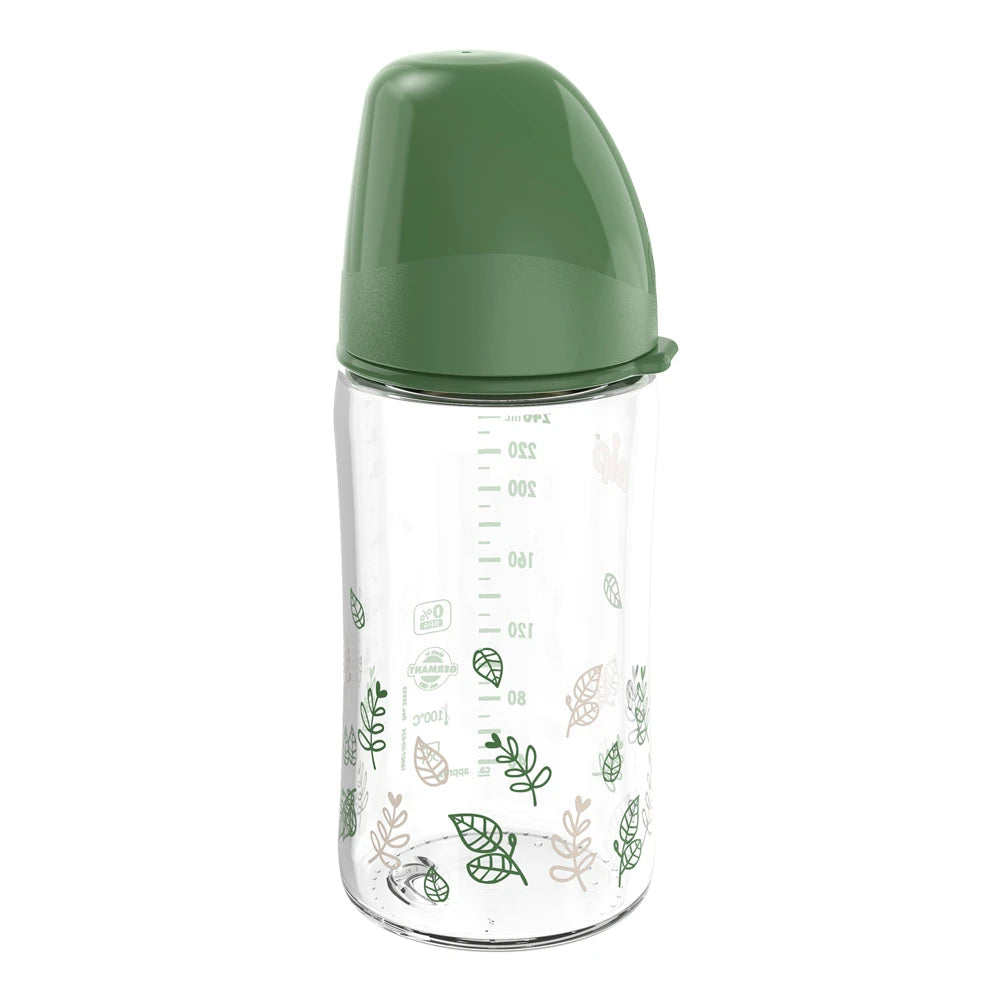 NIP Cherry Green Biberon cu gat larg, verde, sticla, tetina rotunda, latex, anti-colic, universal, 0