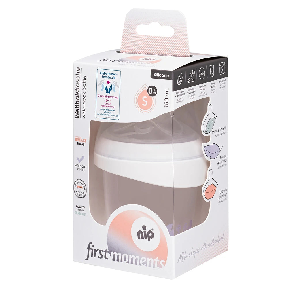 NIP First moments Biberon cu gat larg, universal, plastic, tetina rotunda, anti-colic, silicon, 0+,