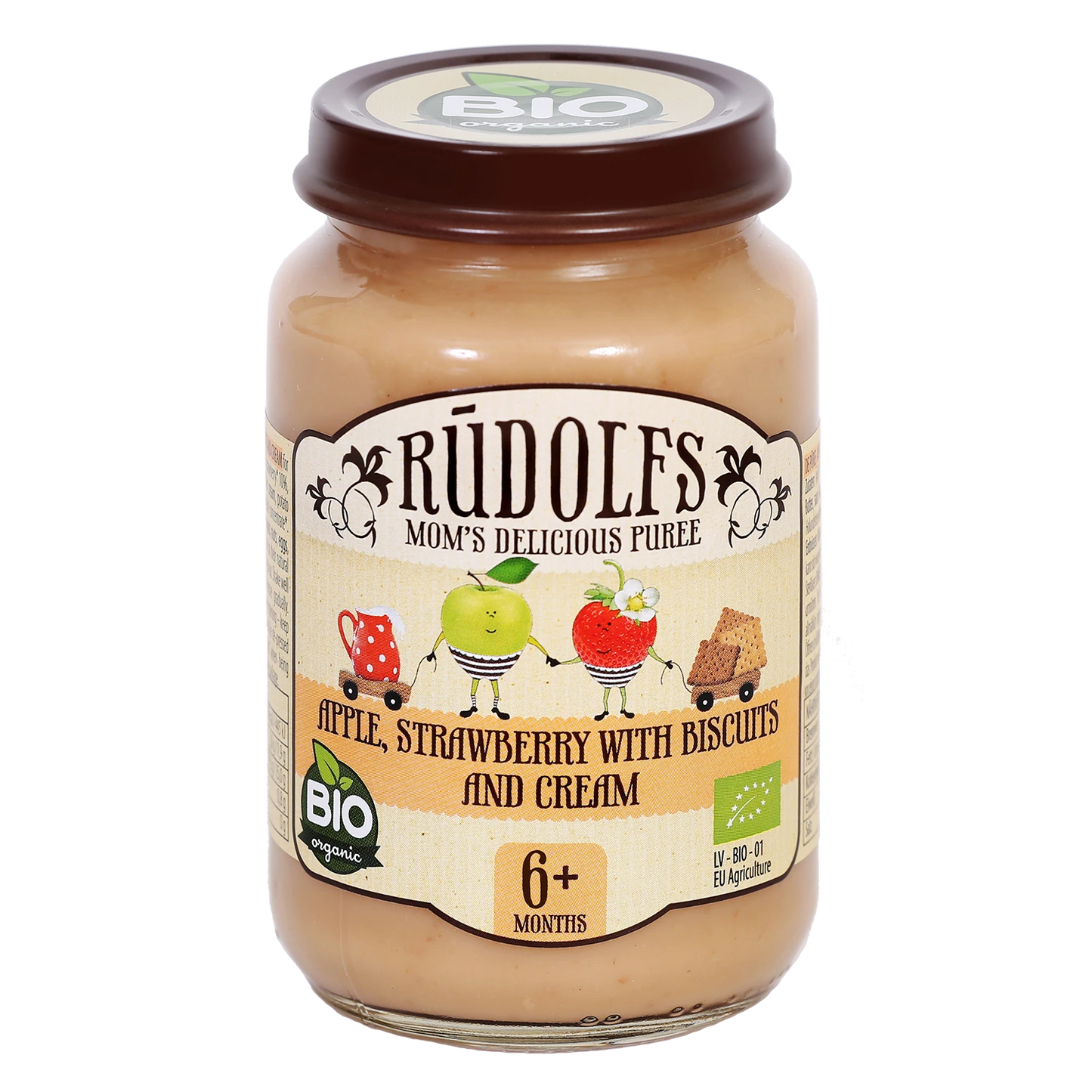 Rudolfs Organic Piure Mere, căpșuni cu biscuiți și frișcă 190g (6+)