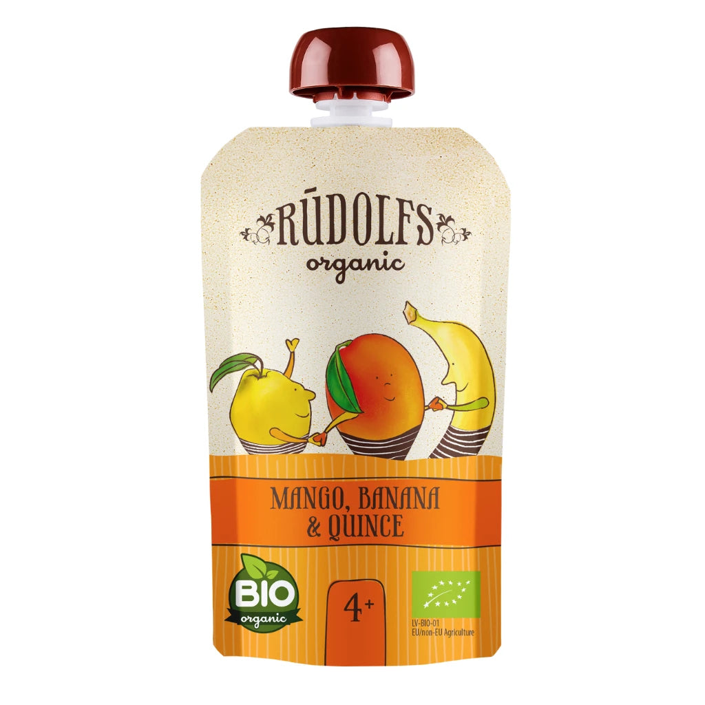 Rudolfs Organic Pouch Mango, banane și gutui 110g (4+)
