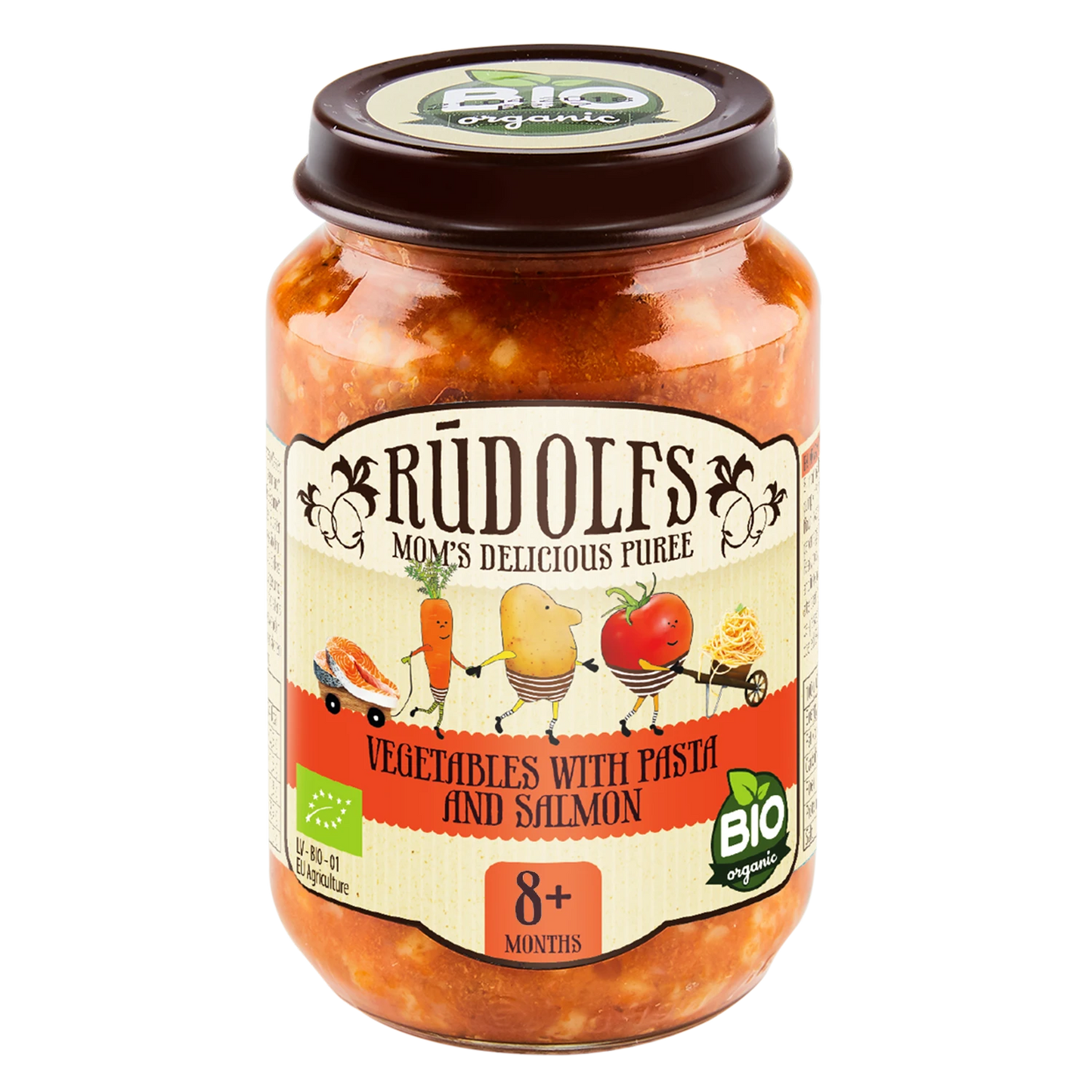 Rudolfs Organic Piure Legume cu paste și somon 190g (8+)