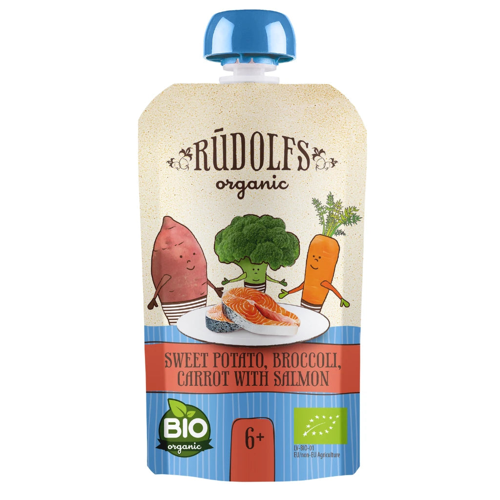 Rudolfs Organic Pouch Батат, брокколи, морковь с лососем 110g (6+)