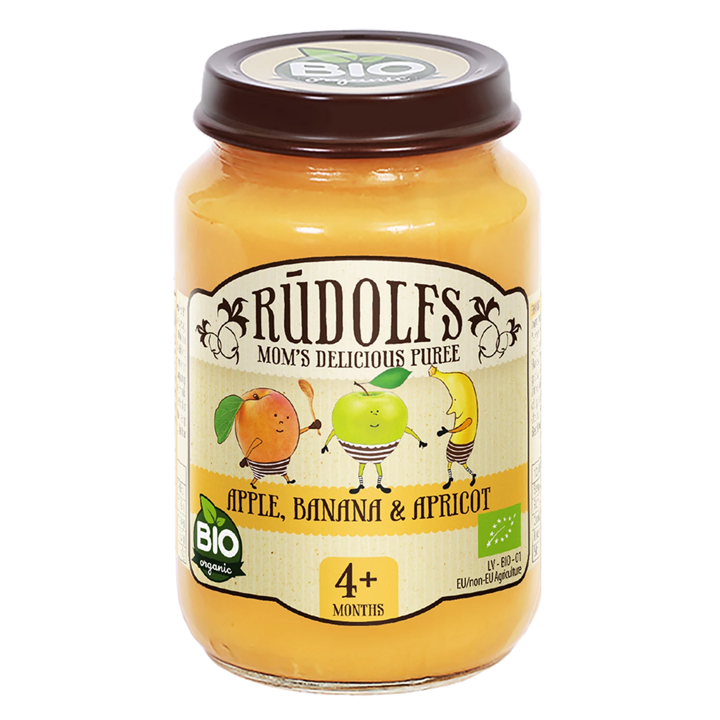 Rudolfs Organic Piure Mere, banane, caise 190g (4+)