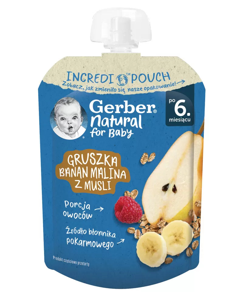 Gerber Piure din pere, banane, zmeura cu cereale 80g