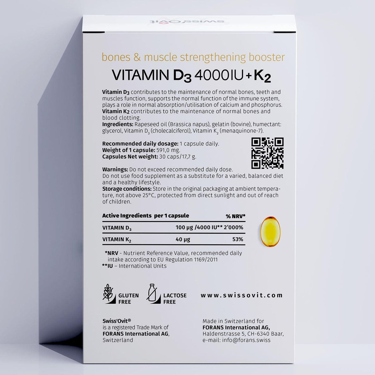 SwissOvit Vitamina D3 4000 UI + K2 - eticheta de pe spatele ambalajului, cu compozitia