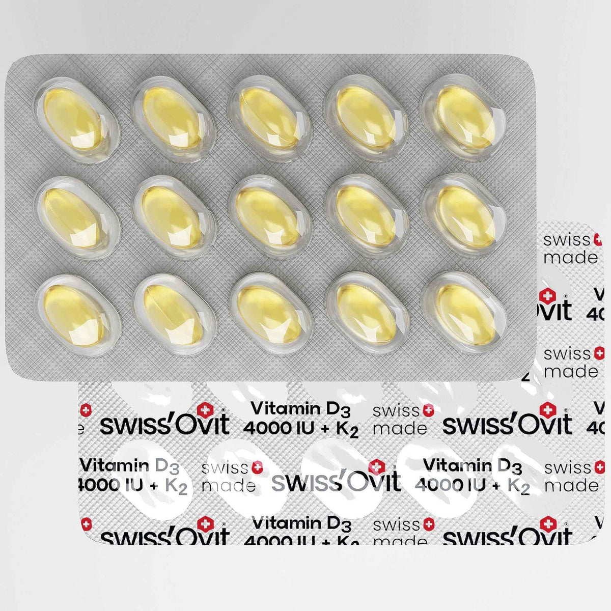 Blister cu capsule moi SwissOvit Vitamina D3 4000 UI + K2