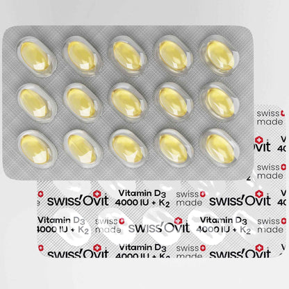Blister cu capsule moi SwissOvit Vitamina D3 4000 UI + K2
