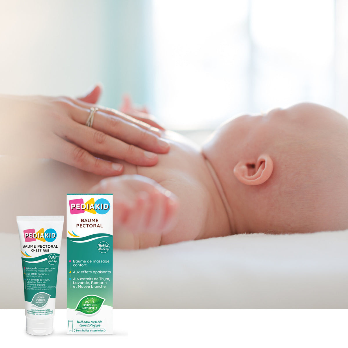 PEDIAKID Balsam pectoral 40 ml - masaj delicat pe pieptul bebelușului, lângă tubul de balsam